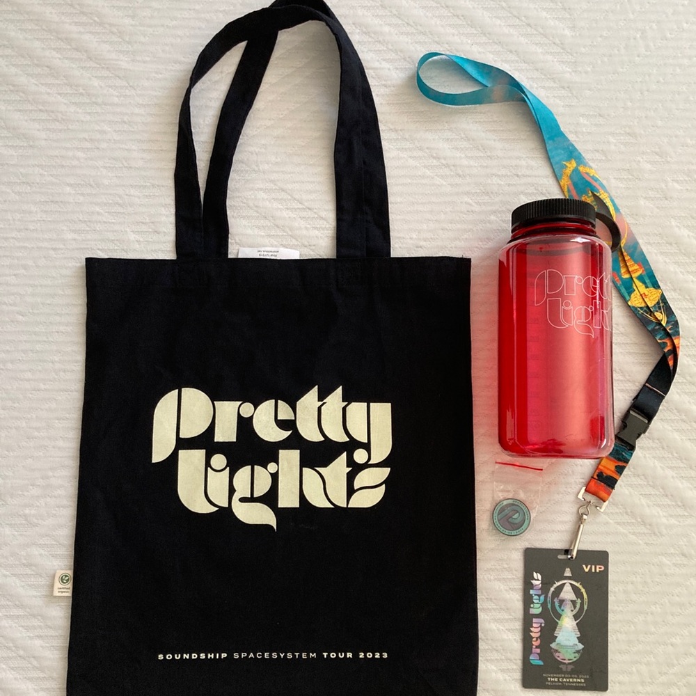 2023 Pretty Lights Caverns VIP Totes bag with Nalgene, lanyard, and pin